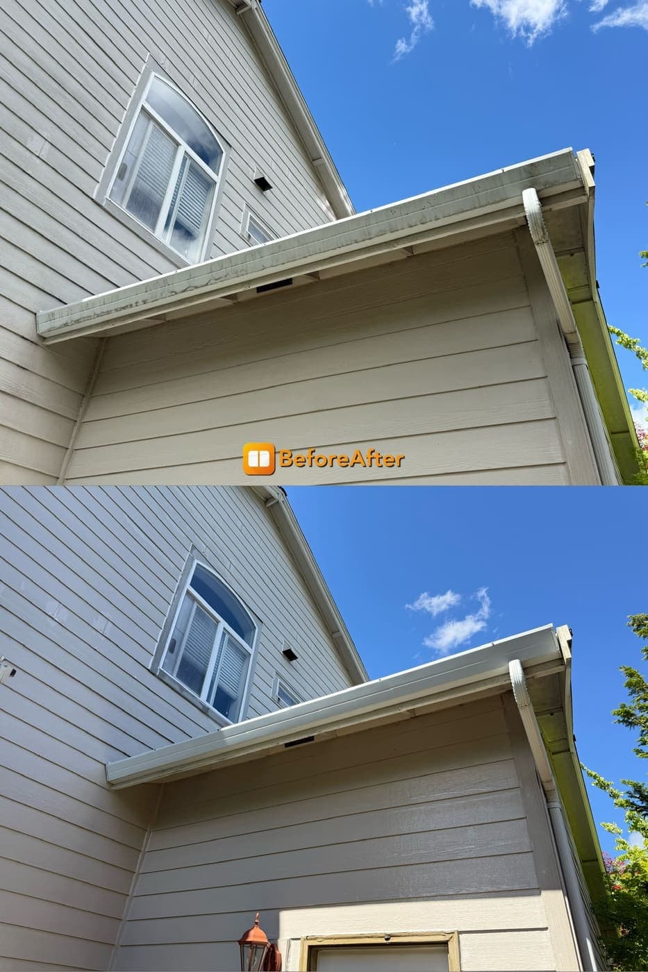Before and after of dirty siding, soffit and gutter corner restored by soft washing