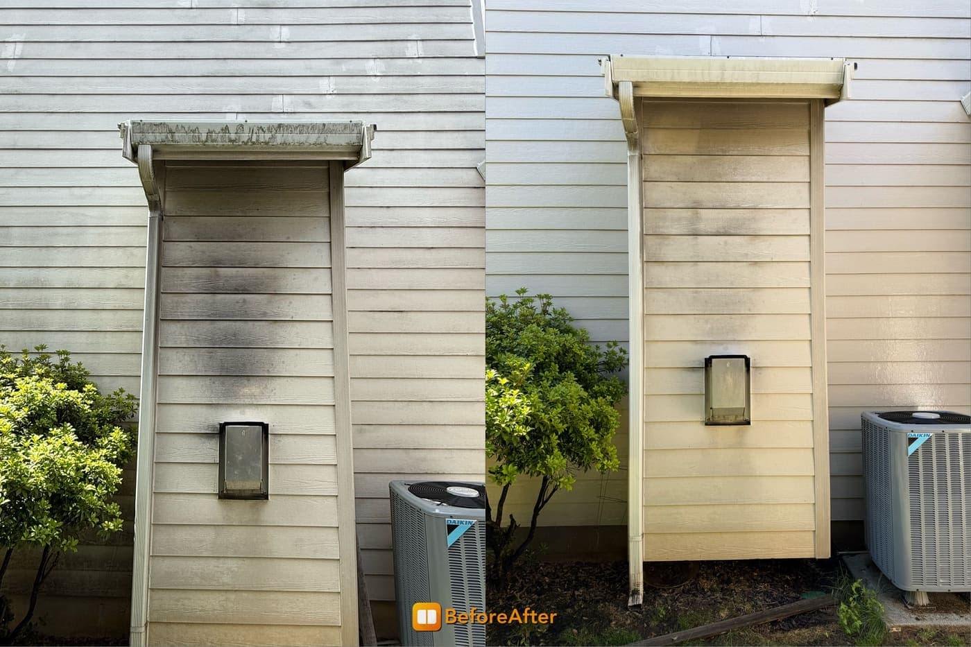 Before and after of black-streaked siding around a downspout cleaned spotless