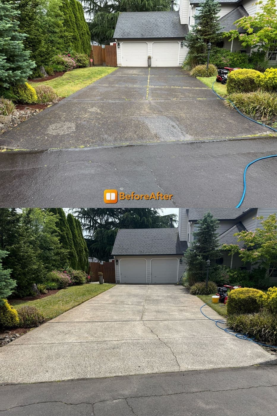 Before and after of a moss stained concrete driveway pressure washed clean