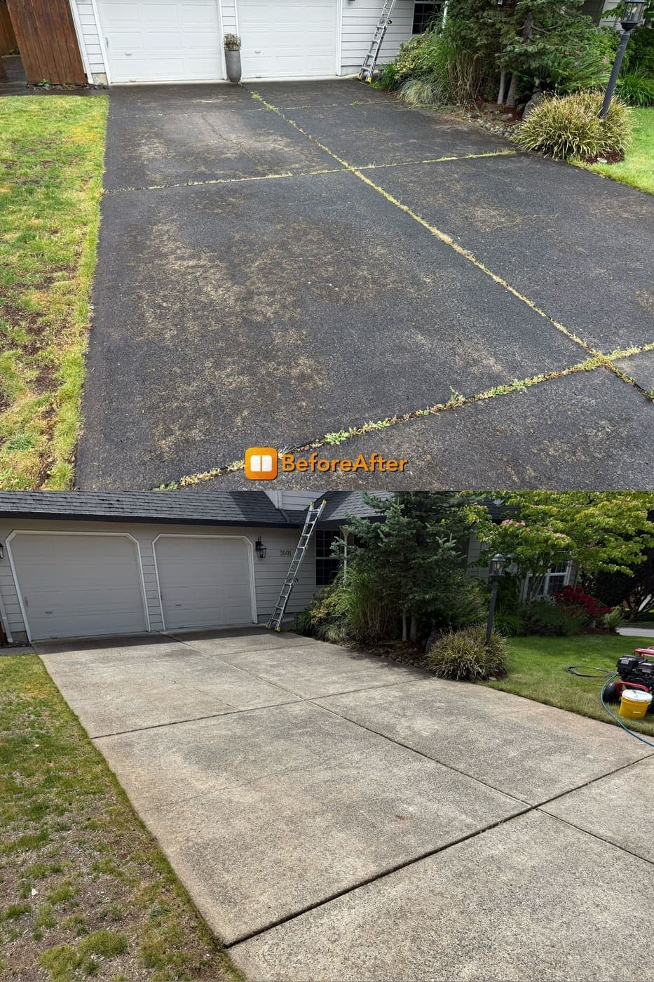 Before and after of a dark mossy driveway cleaned to bright concrete