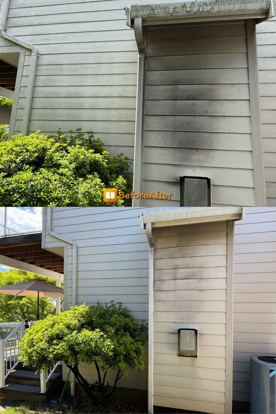 Before and after of black streaked siding near a downspout washed clean